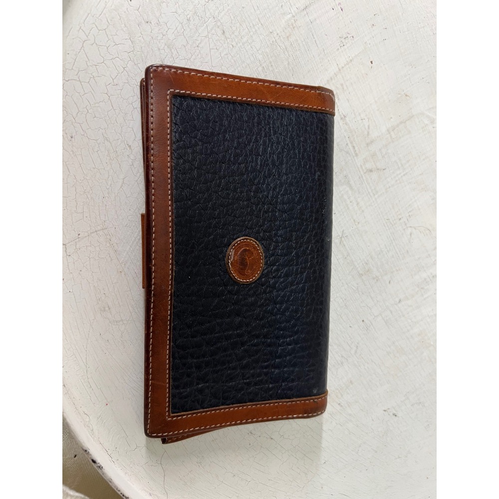 Vintage Dooney & Bourke All Weather Leather Checkbook Cover Navy British Tan USA